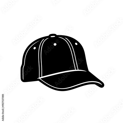 Stylized black twill cap illustration isolated on a white background with detailed stitching and a classic curved brim design