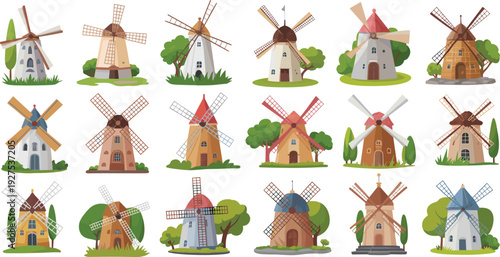 Cartoon windmill collection with rustic countryside mills, wooden blades and charming rural village landscape vector illustration set