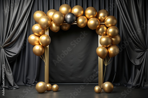 Elegant Gold and Black Balloon Arch Backdrop with Luxury Silk Curtains for Celebration and Party Photography Background