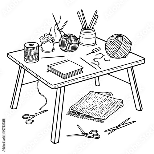 Knitting Tools on Wooden Table with Yarn and Scissors