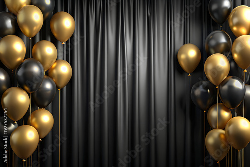 Elegant Gold and Black Balloons on Luxury Black Silk Curtain Background with Copy Space – Premium Party Celebration Backdrop