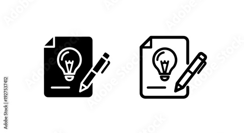 Idea lightbulb document and pen icon, creative writing and innovation concept symbol.