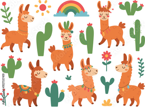 Cute cartoon llama collection with cactus, rainbow, sun and boho accessories whimsical desert vector illustration set