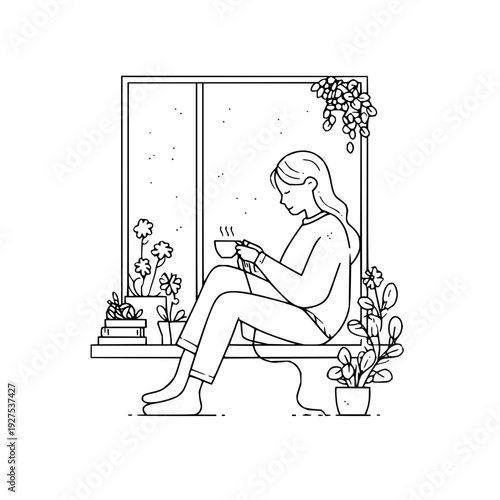 Woman Sitting on Bench by Window with Coffee Cup and Plants