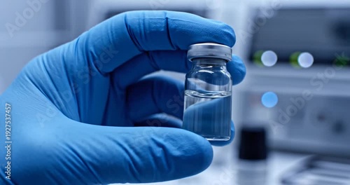 Wallpaper Mural Close-up of a gloved hand holding a small vial in a laboratory setting with blurred equipment Torontodigital.ca