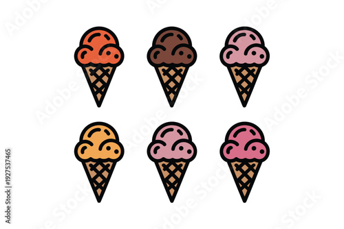 Ice cream icon set with colorful flavors and waffle cones