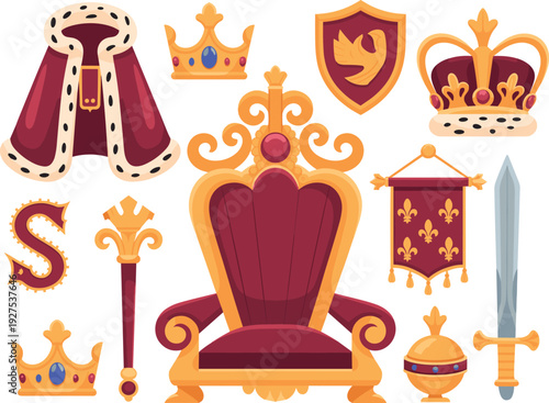Medieval royal throne and crown vector illustration, golden monarchy symbols shield sword banner scepter regal luxury collection set