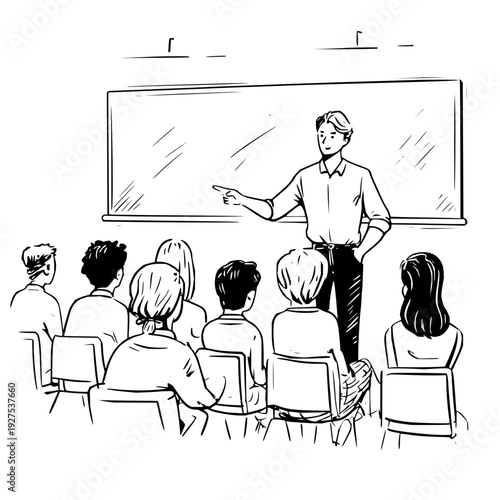 Teacher Standing Pointing at Whiteboard in Classroom