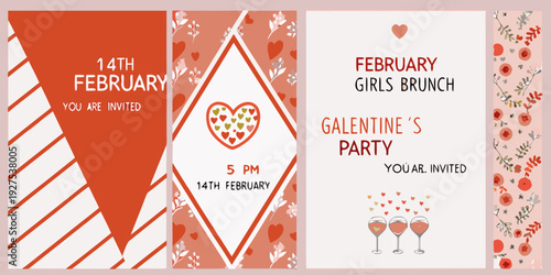 Galentine s day brunch invitation with hearts and wine glasses
