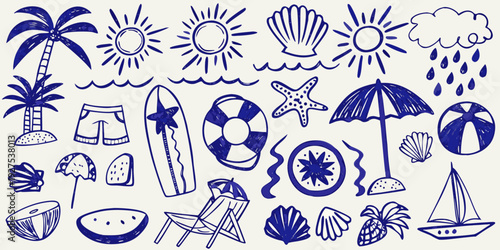 Blue line drawing of summer vacation and beach themed doodles