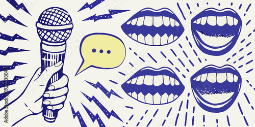 Singing speaking and performance illustrated with a microphone and open mouths