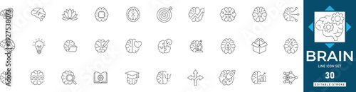 Brain line icon set featuring mind, mental, health, intelligence, neurology, thinking, and logic. Professional editable vector set for science.
