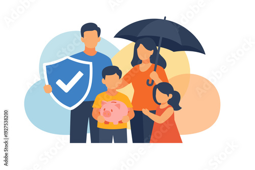 Family protected by shield and umbrella concept.