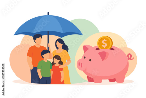 Family Protected Under Umbrella With Piggy Bank.