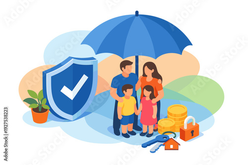 Family Protected Under Umbrella With Shield And Coins.