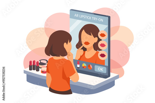 Woman trying on lipstick virtually using a digital mirror application.