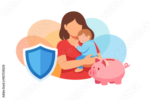 Mother holding baby with piggy bank and shield.