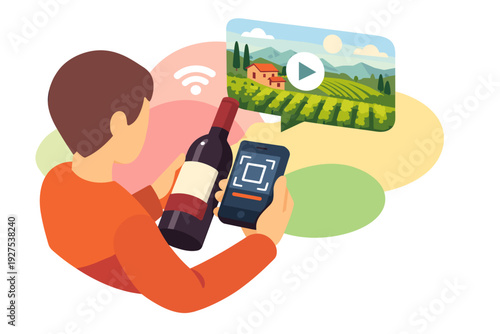 Man scanning QR code on wine bottle with smartphone to watch video.