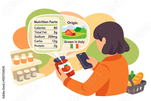 Woman Scans Nutrition Facts Label on Food Jar Using Smartphone.