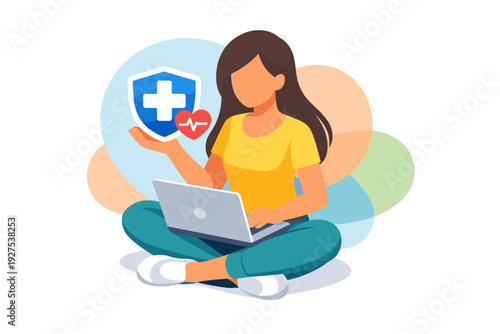 Woman with laptop and health insurance shield icon.