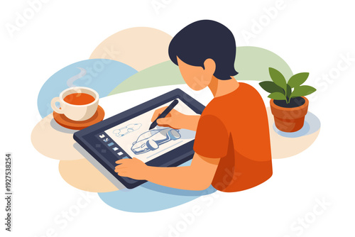 Young artist drawing on a digital tablet with a stylus pen.