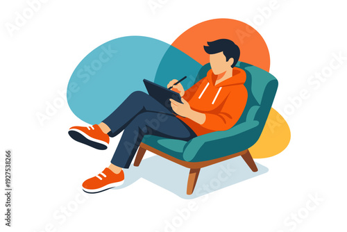 Young Man Sitting in Armchair Drawing on Digital Tablet.
