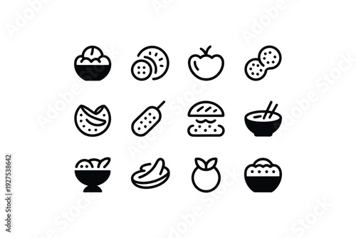 Food icon set including fruits and dishes in black and white