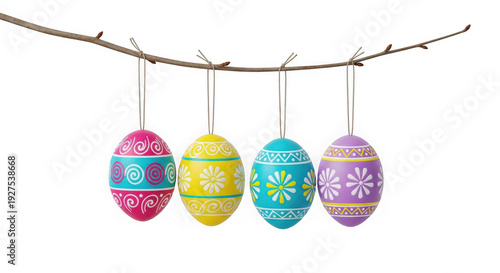 Colorful easter eggs hanging from a delicate string decoration