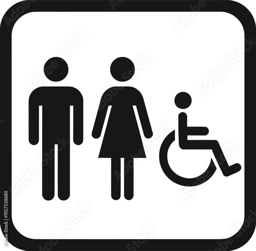 Inclusive Restroom Sign: An inclusive restroom sign featuring icons representing a man, a woman, and a person using a wheelchair, symbolizing universal access and equality.