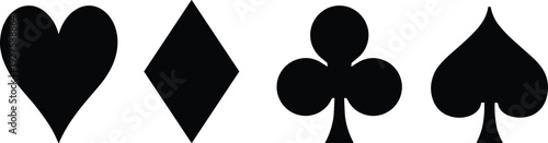 Set of Black Playing Card Suit Silhouettes Featuring Heart Diamond Club and Spade Icons Isolated on White Background for Poker Gambling and Magic Design