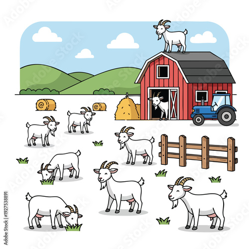 Peaceful Farm Scene with Grazing Goats and Rustic Barn