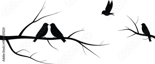 Silhouette of Birds on Tree Branches Against White Background illustration