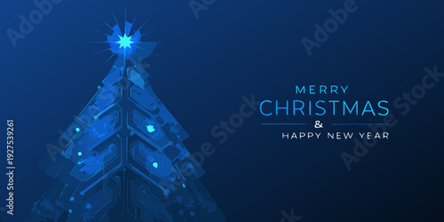 A futuristic blue christmas tree with a sparkling star and festive text