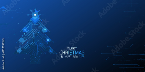 A futuristic christmas tree composed of digital circuit lines