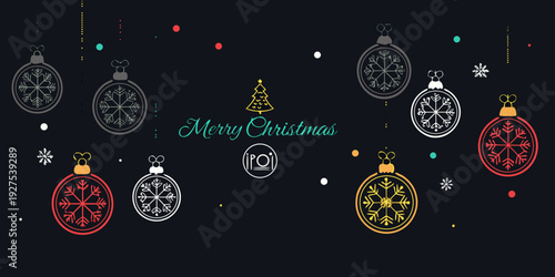 Festive christmas ornaments and a christmas tree on a black background