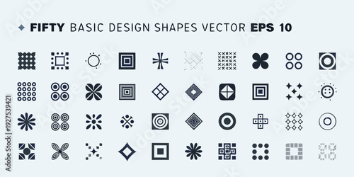 Collection of fifty basic dark blue geometric design shapes on white