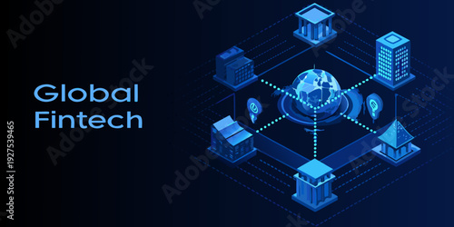 Global fintech network illustrated with a world globe and building structures