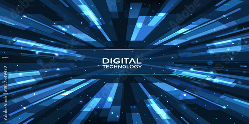 Abstract digital technology background with converging blue light streaks