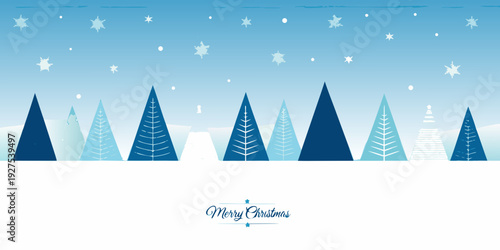 Winter landscape featuring stylized evergreen trees and falling snowflakes