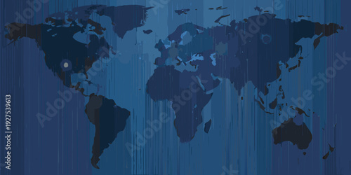 A stylized world map with a dark blue textured and abstract design
