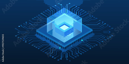 Abstract geometric design with glowing blue circuits and a crystalline shape