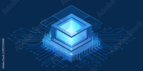 Isometric digital shield with glowing circuits and a futuristic design