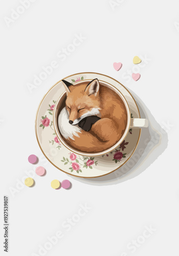 Pixel Art Fox Sleeping In Vintage Tea Cup Floral Pattern White Background