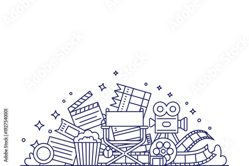 A film camera icon illustration with movie clapboard and popcorn