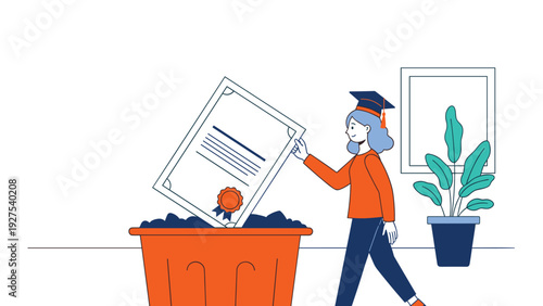 Female graduate in a cap and gown walking away while tossing her academic diploma certificate into a large trash bin.