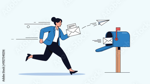Businesswoman running fast to deliver urgent letters into a blue mailbox with mail flying through the air behind her.