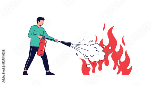 Brave man using a red fire extinguisher to put out a large roaring fire with clouds of white chemical extinguishing agent.