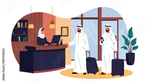 Group of Arab businessmen with luggage checking into a luxury hotel at a reception desk staffed by a woman in a hijab.