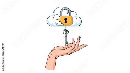 Human hand reaching up towards a silver key hanging below a cloud that has a secure yellow padlock icon on the front.