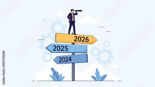 Visionary businessman standing on a multi directional signpost looking through a telescope towards the future years.